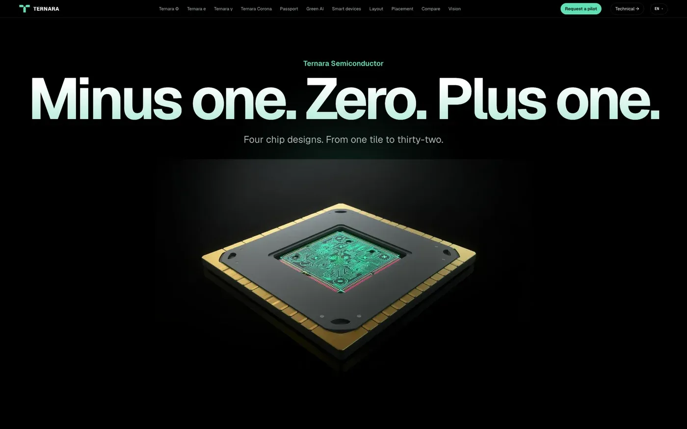 Главная страница Ternara: «Minus one. Zero. Plus one.» и рендер корпуса чипа