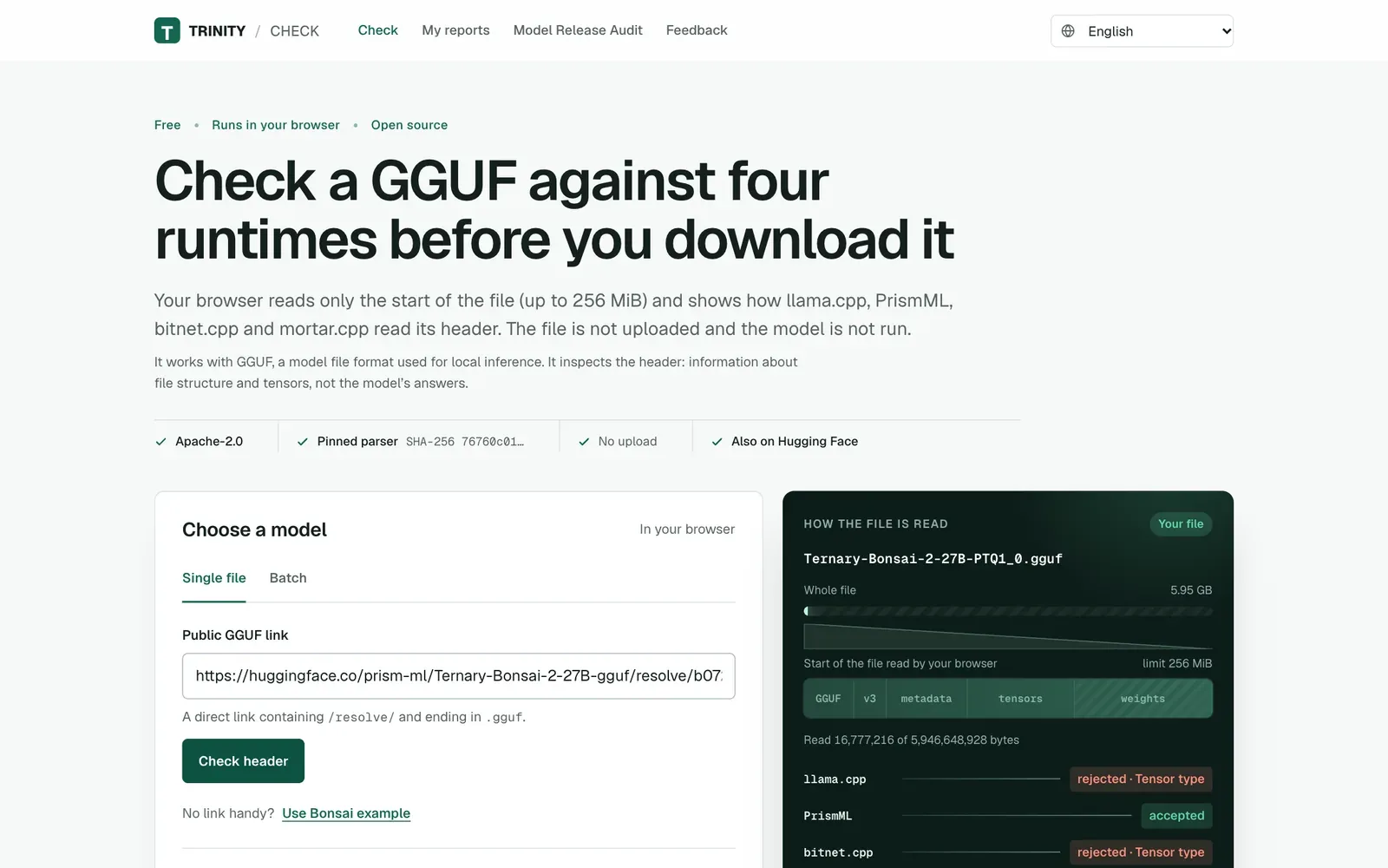 Скриншот Trinity Check: проверка GGUF-файла, вердикты четырёх программ запуска