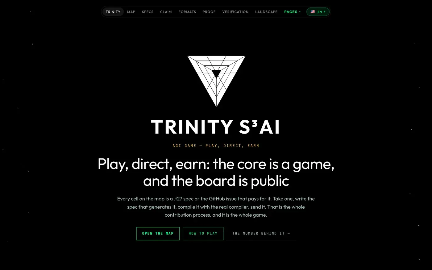 Главная страница t27.ai: «Trinity S³AI», кнопки «Открыть карту» и «Как играть»